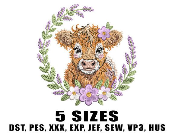 Curly Highland Cow with Floral Wreath Embroidery Design Review